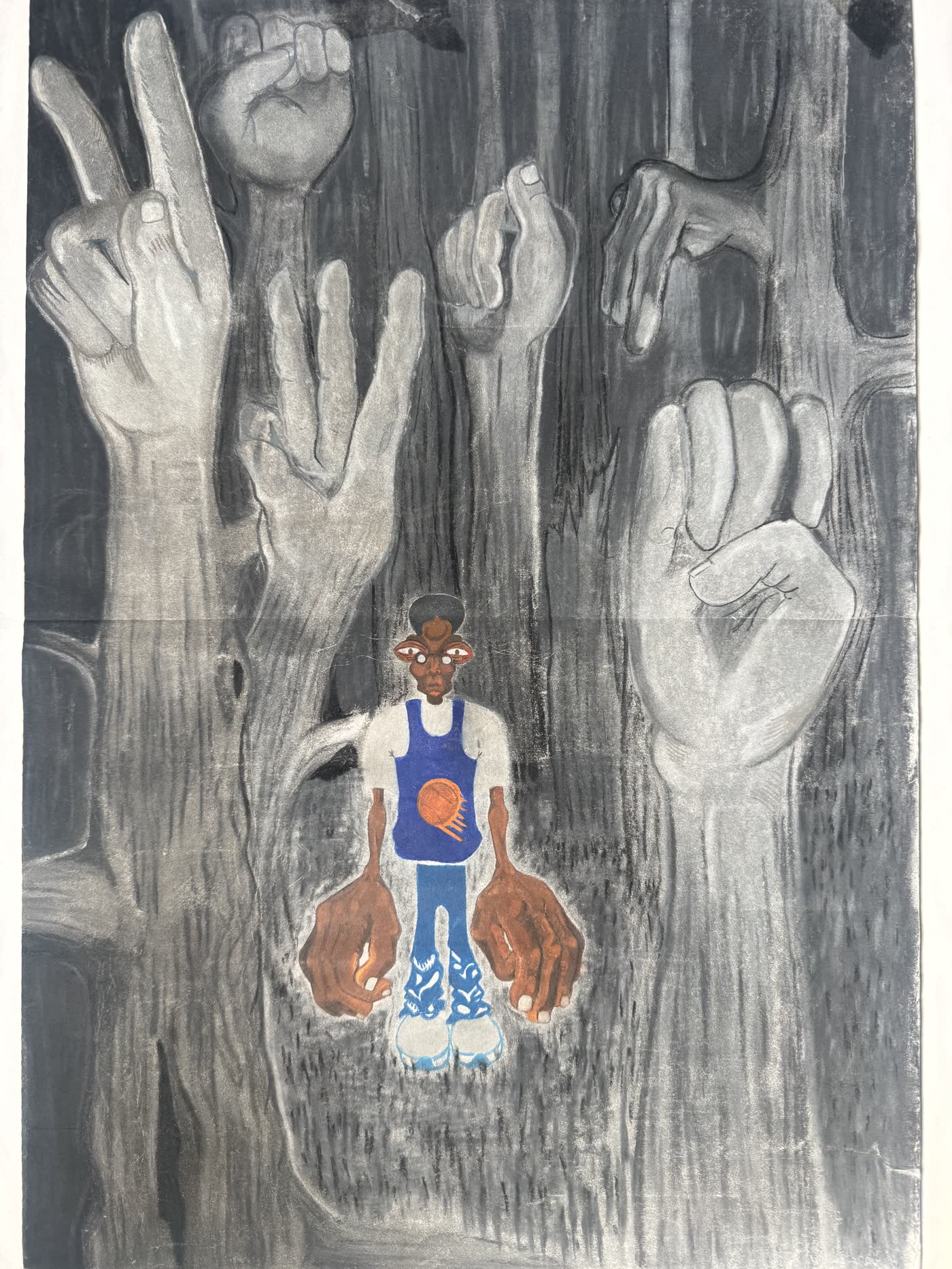 Pencil artwork of signing hands surrounding a figure