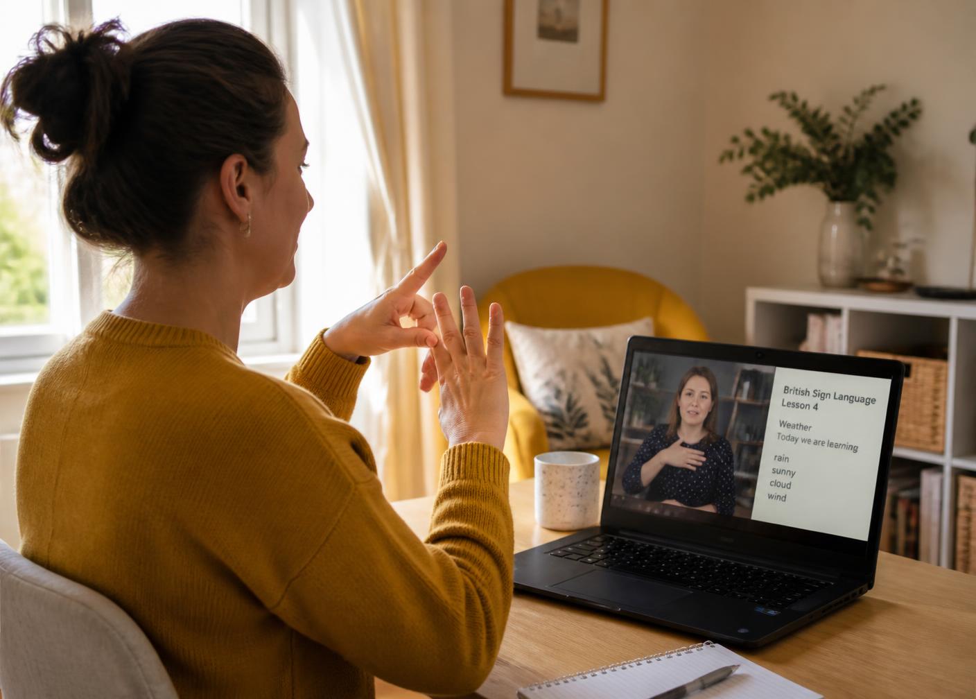 A learner taking a live online British Sign Language lesson at home