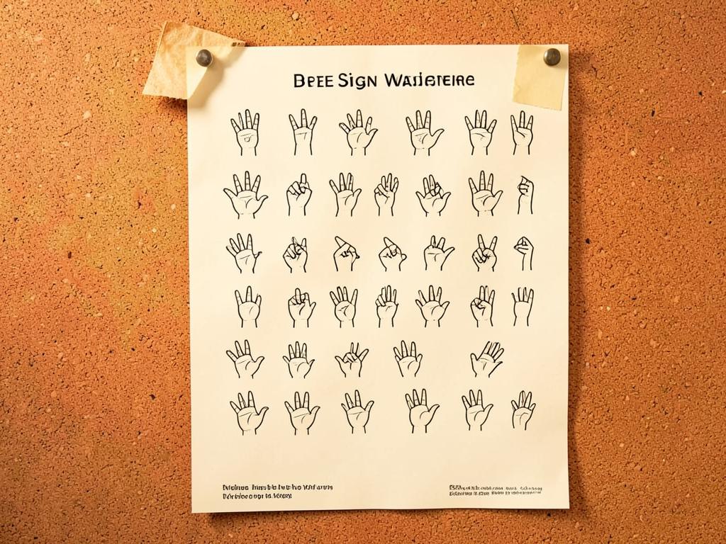 Printed British Sign Language fingerspelling alphabet poster pinned to a corkboard