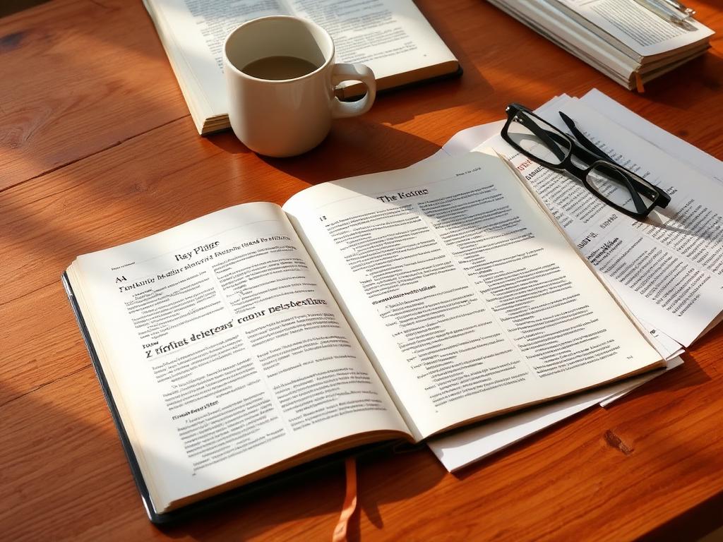 Open notebook and printed articles on a wooden desk