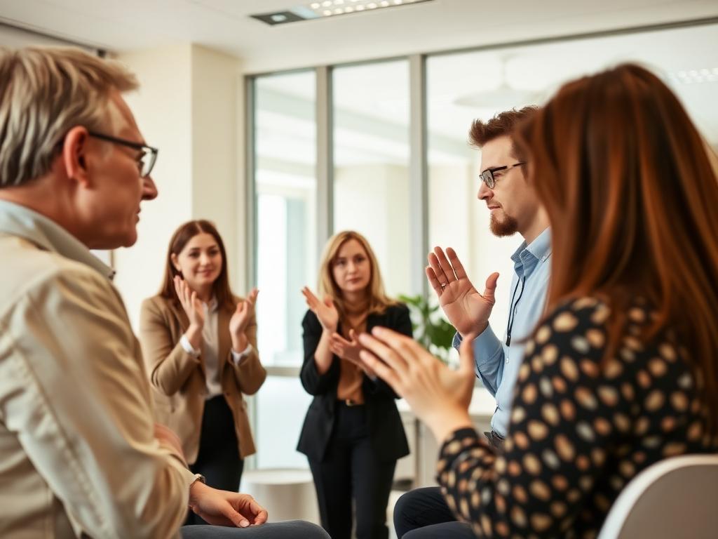 Small team learning sign language together in an office