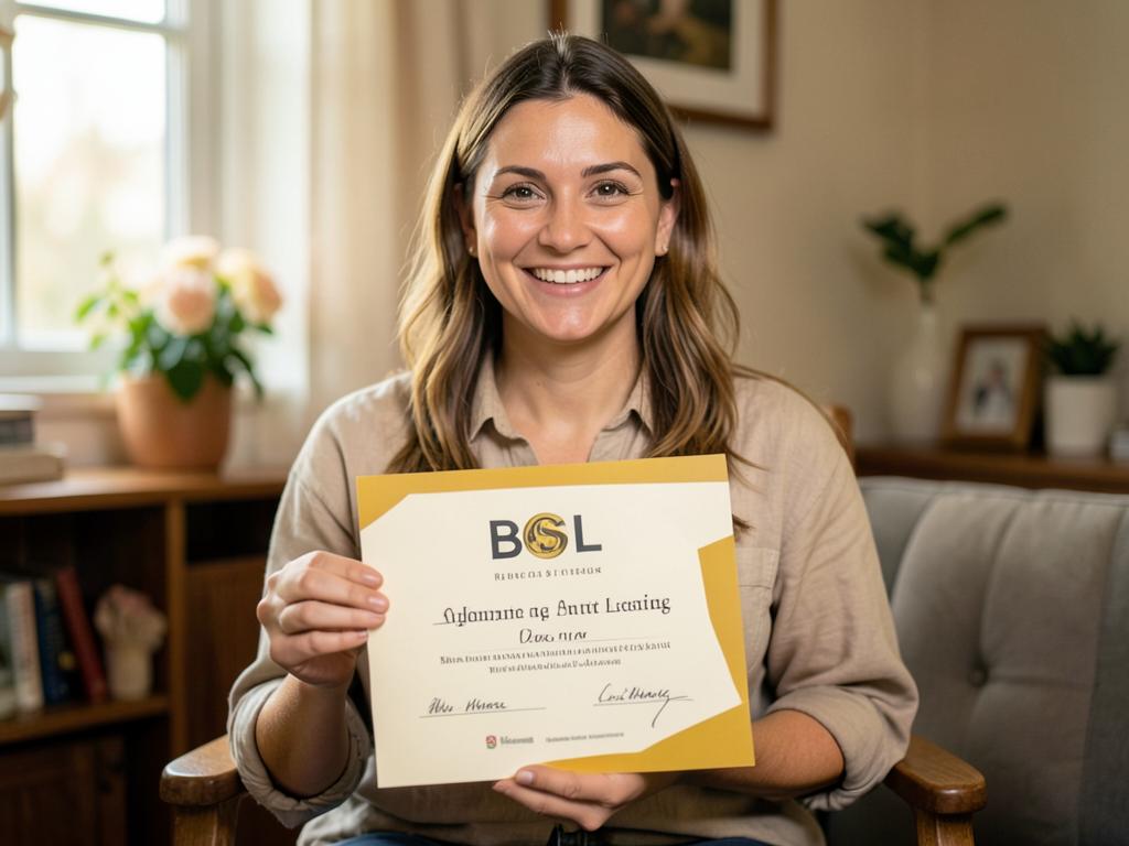 Smiling adult learner holding a BSL certificate at home
