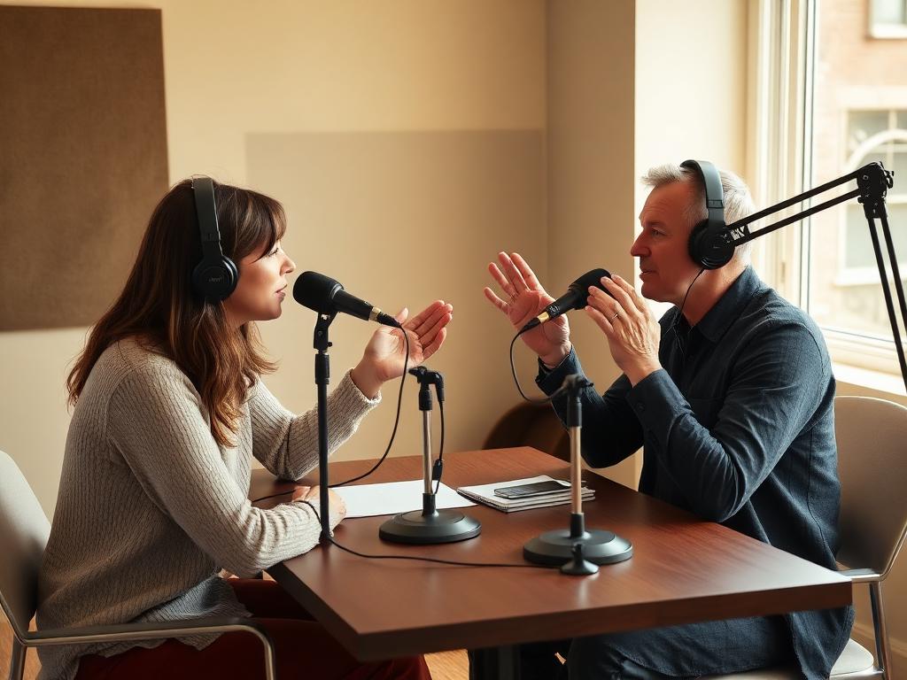 Two people signing to each other across a table with studio microphones
