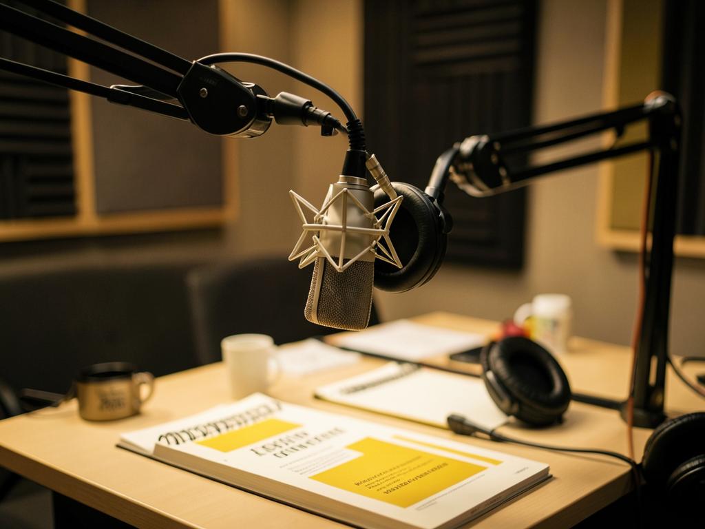 Podcast studio with a broadcast microphone and headphones