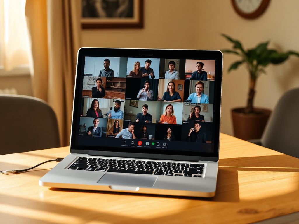Laptop showing a live webinar video call of people signing