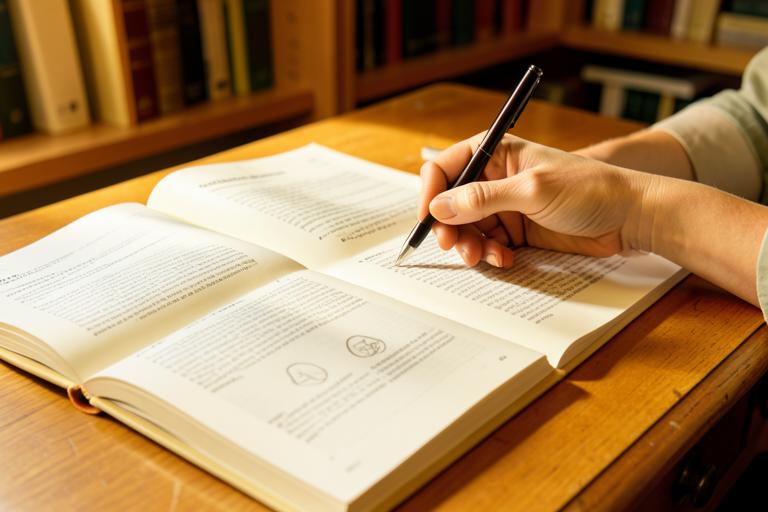 Open linguistics books on a library desk with a hand writing notes