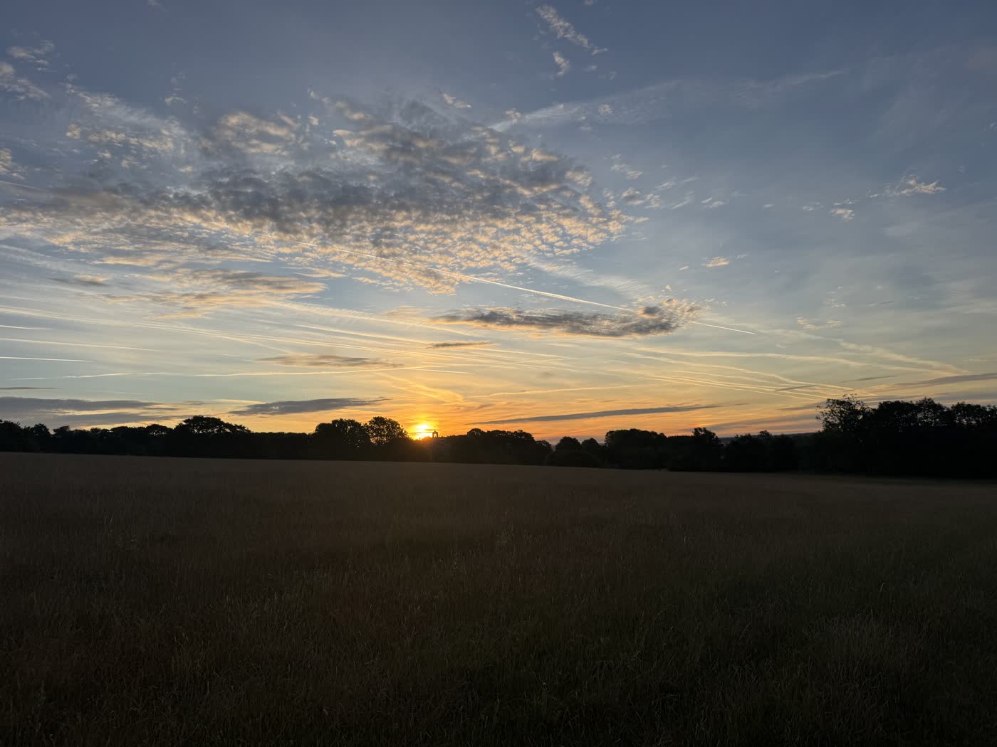 Sunset over open fields at the farm