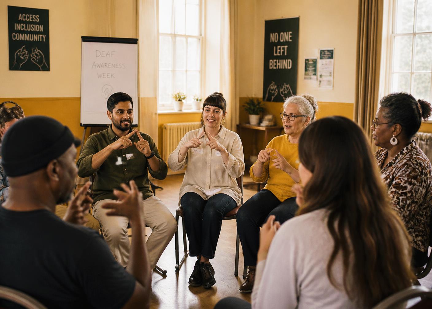 Deaf awareness workshop group signing together in a community hall